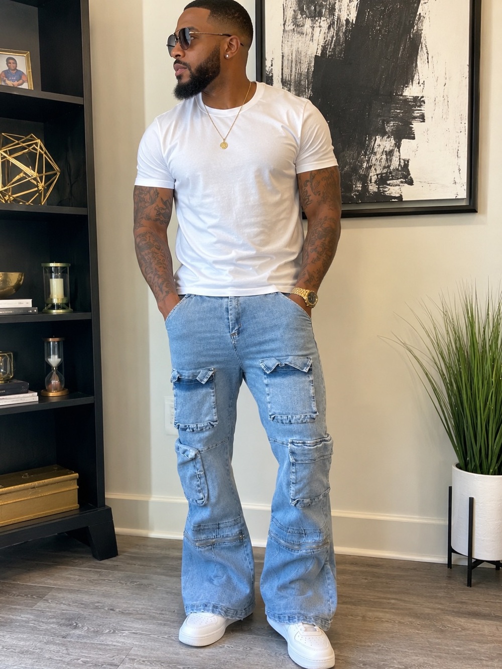 Light Blue Cargo Patchwork Men's Jeans
